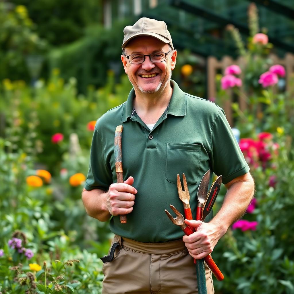 Local gardener in Chester holding tools